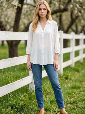 CAbi White Classic Button-Down Blouse